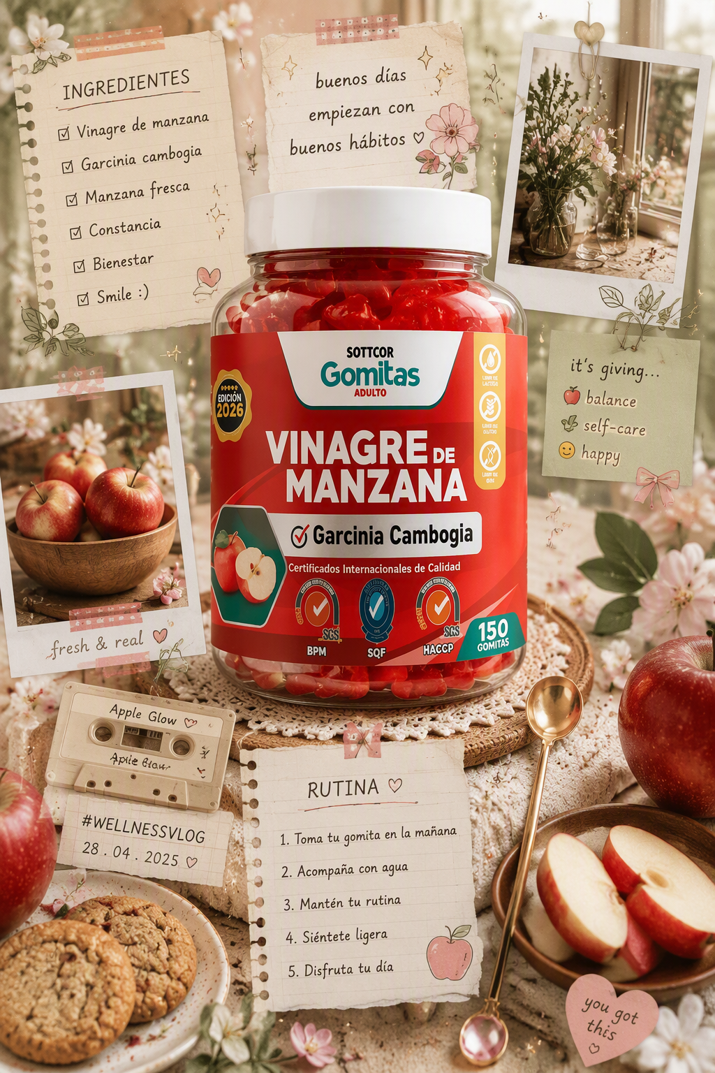 Cozy wellness journal aesthetic, apple cider vinegar gumm...
