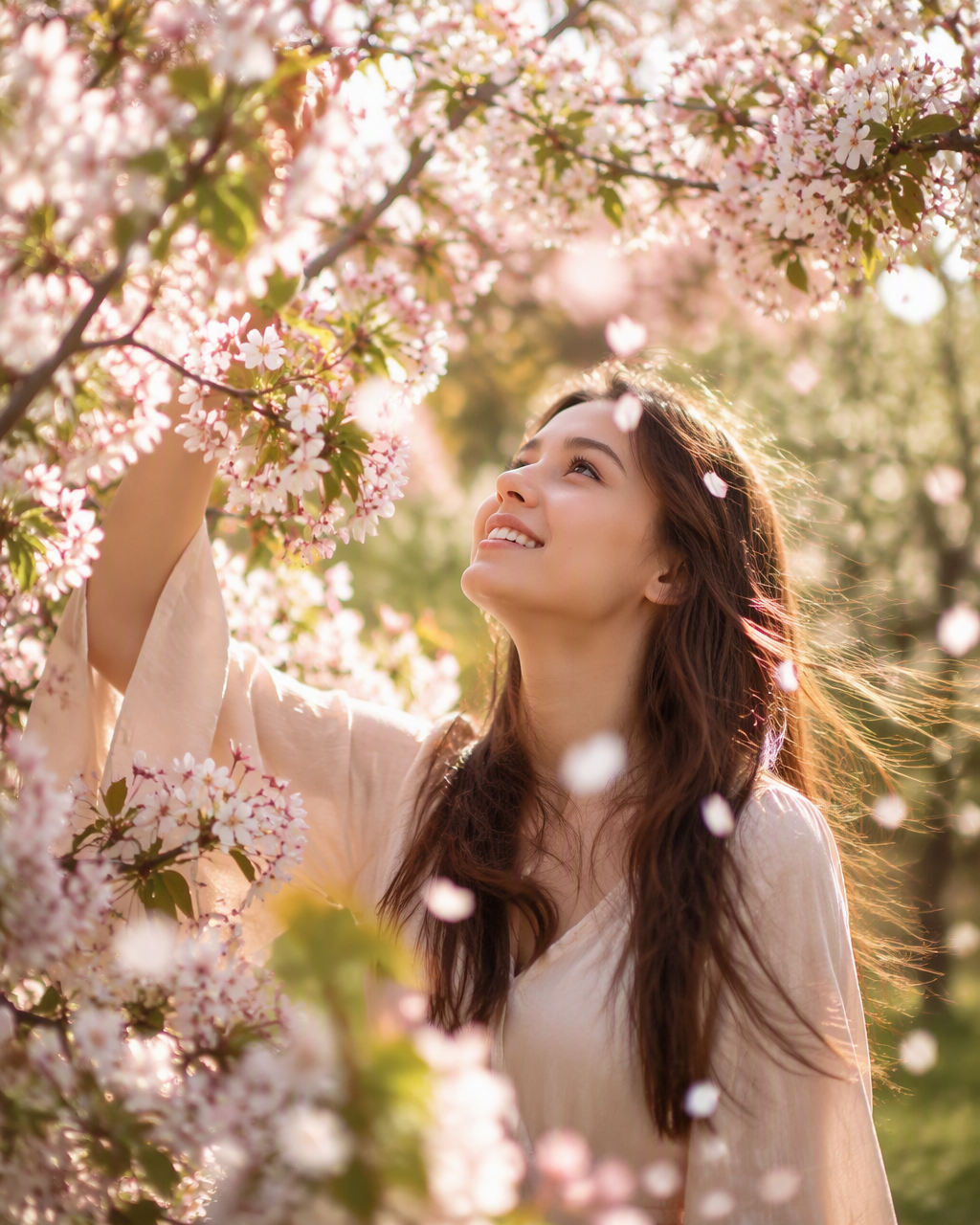 Create a hyper-realistic portrait of a young woman surrou...