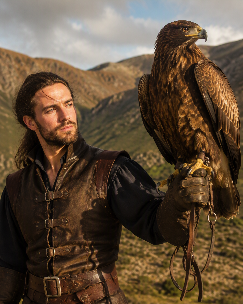Create a hyper-realistic portrait of a falconer with thei...