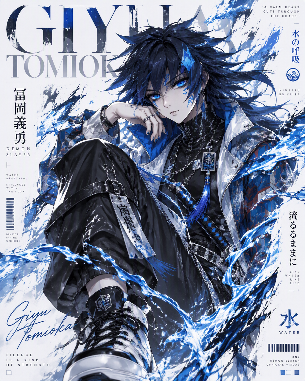 [Giyu Tomioka] Create a high-end anime fashion poster-sty...