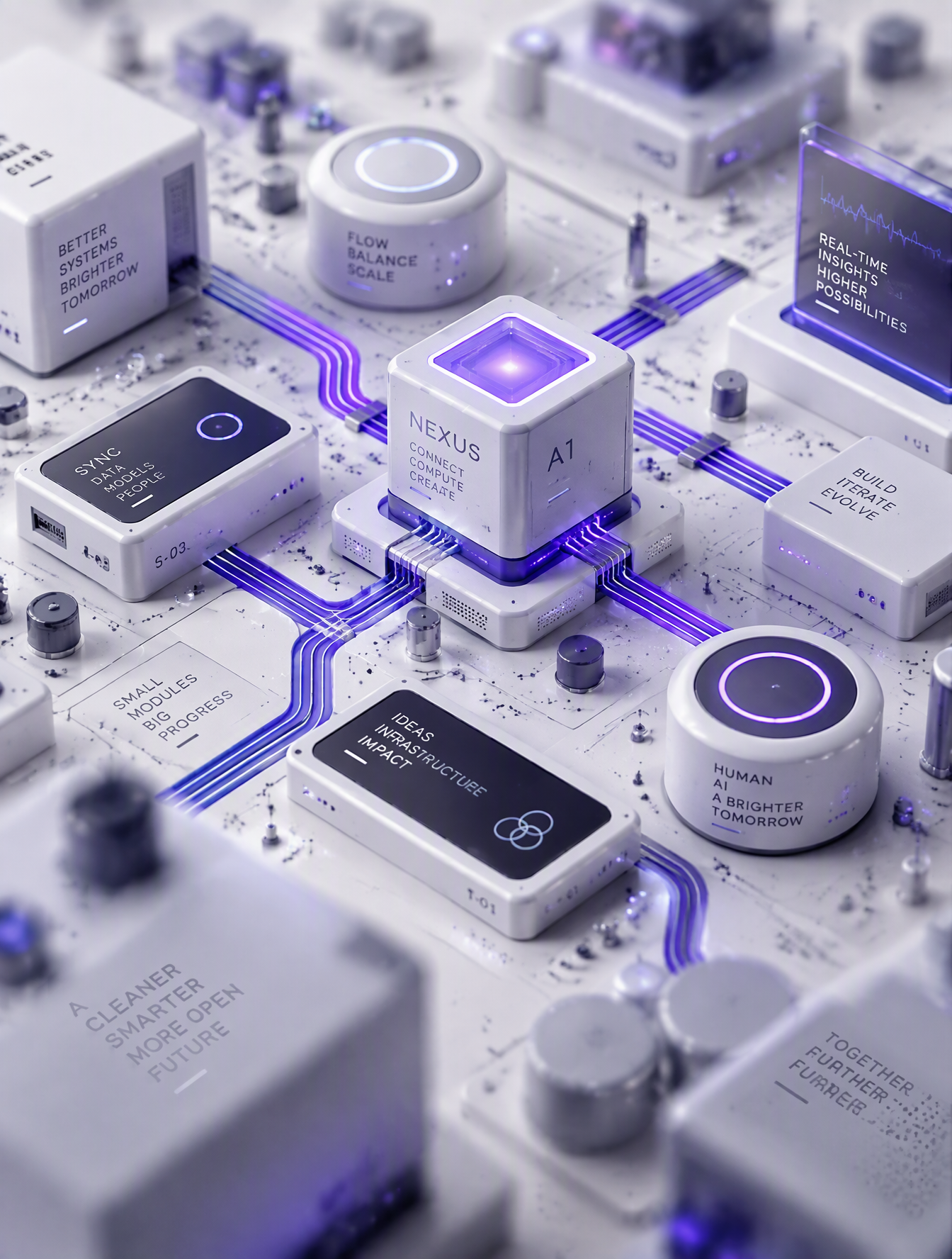 An isometric modular technology interface forms a miniatu...