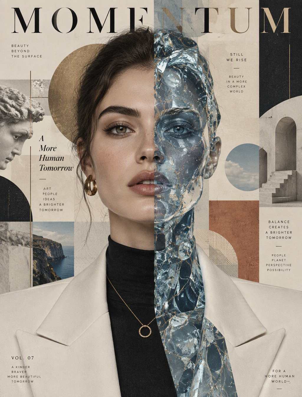 Create a museum-quality surreal editorial portrait of a s...