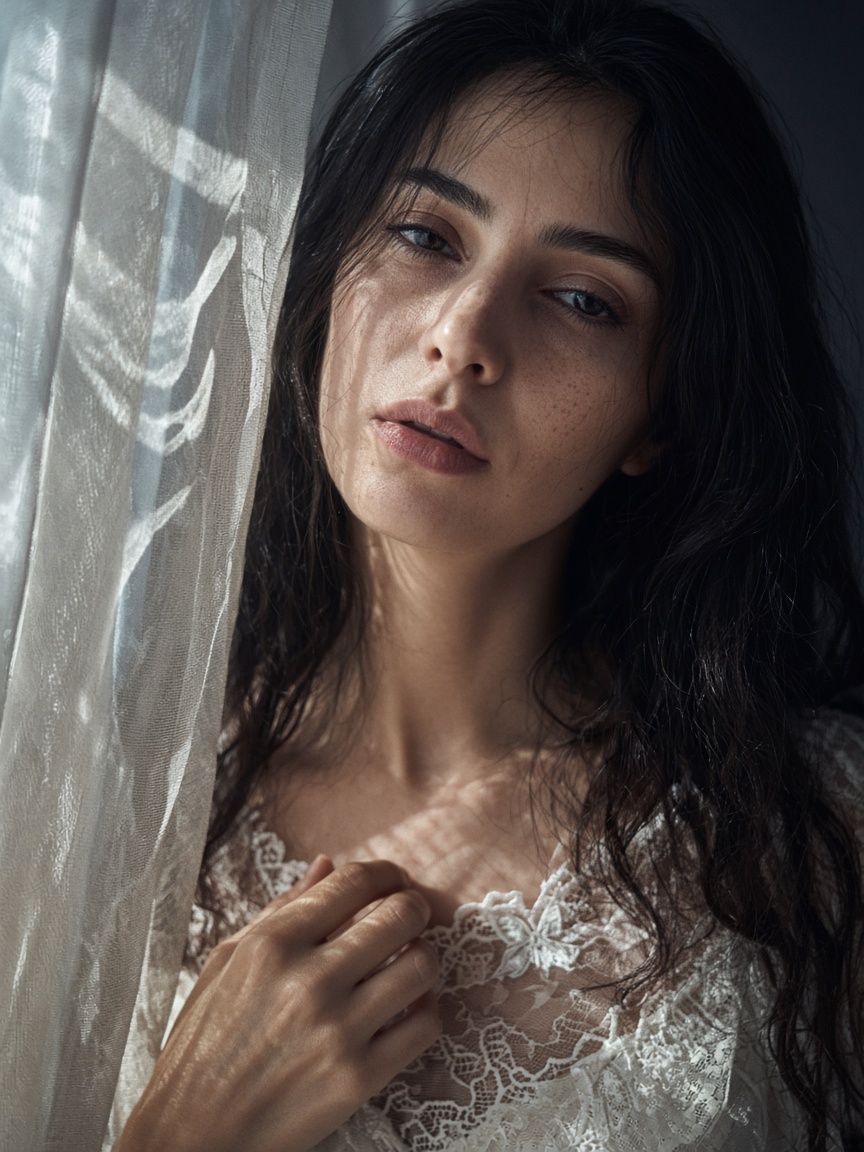 Intimate close-up portrait of an adult woman, head tilted...
