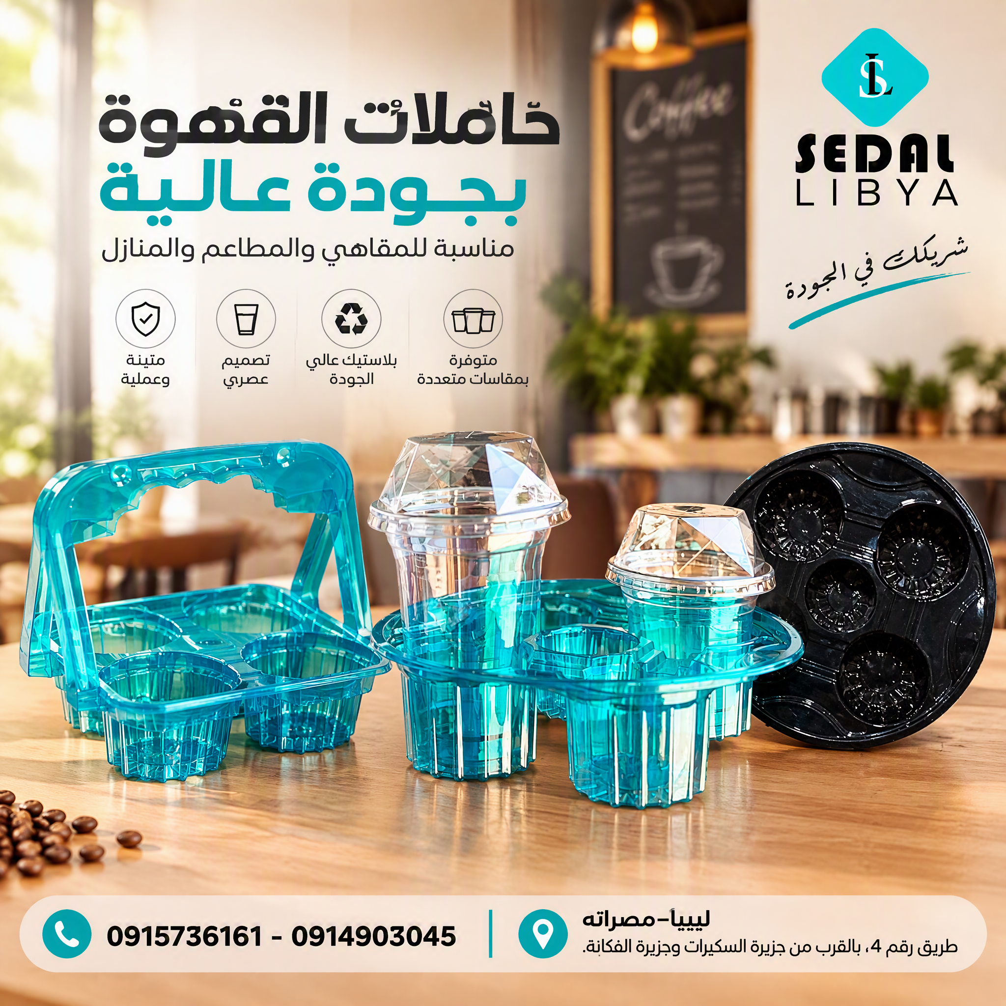تصميم إعلاني احترافي يركز على حاملات القهوة البلاستيكية ل...
