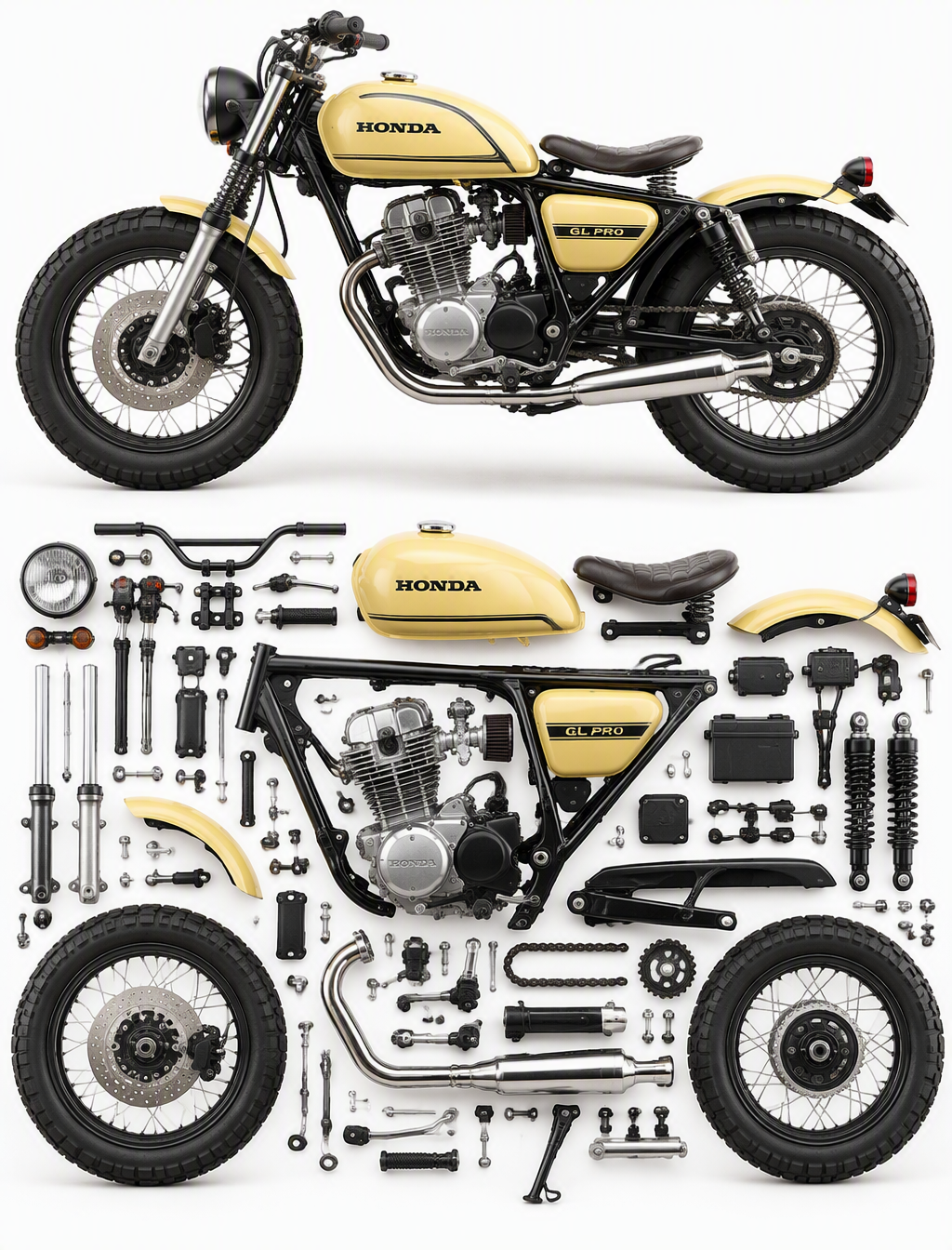 /explode view A compact retro-styled bobber from honda GL...