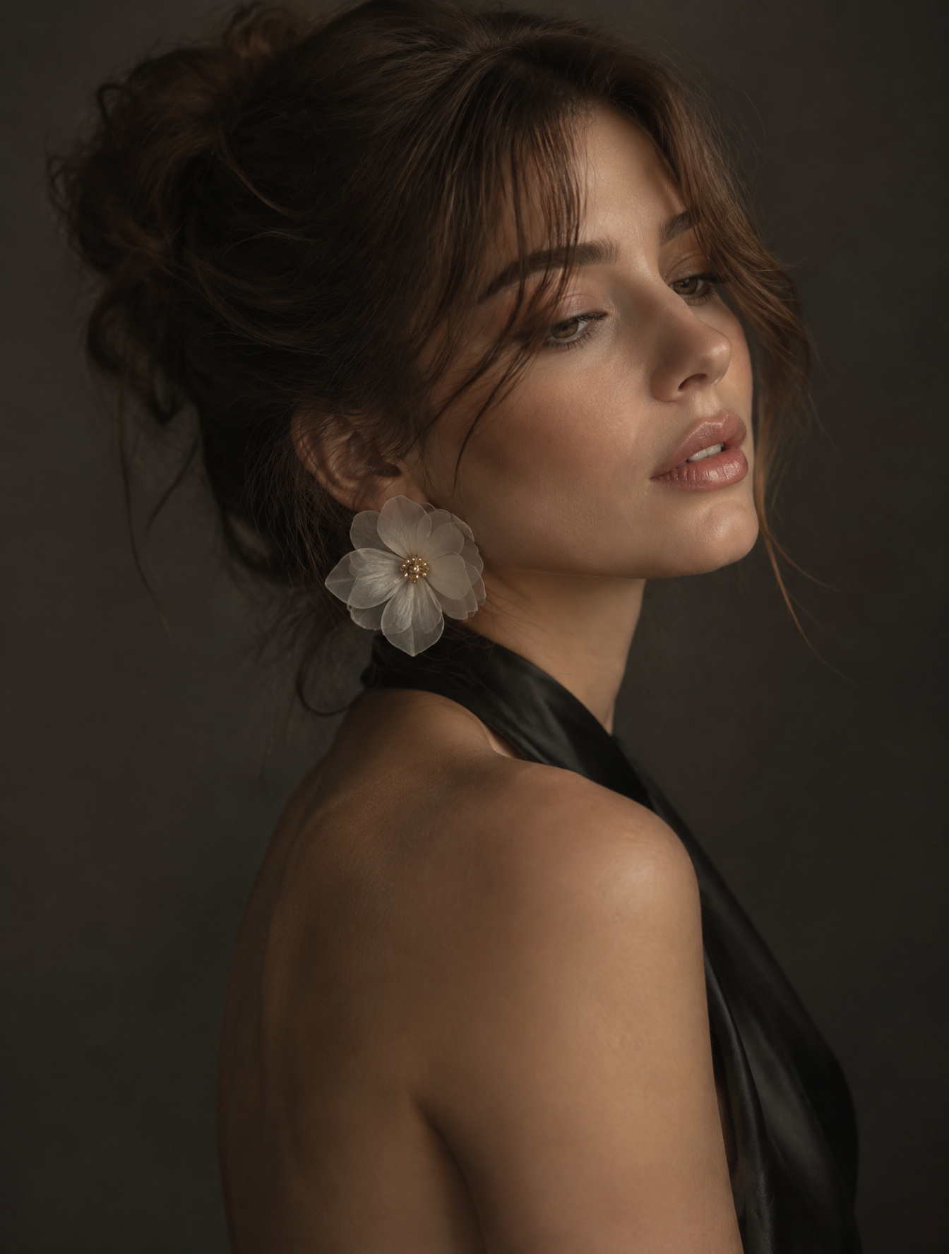 A close-up, high-fashion portrait capturing the exact wom...