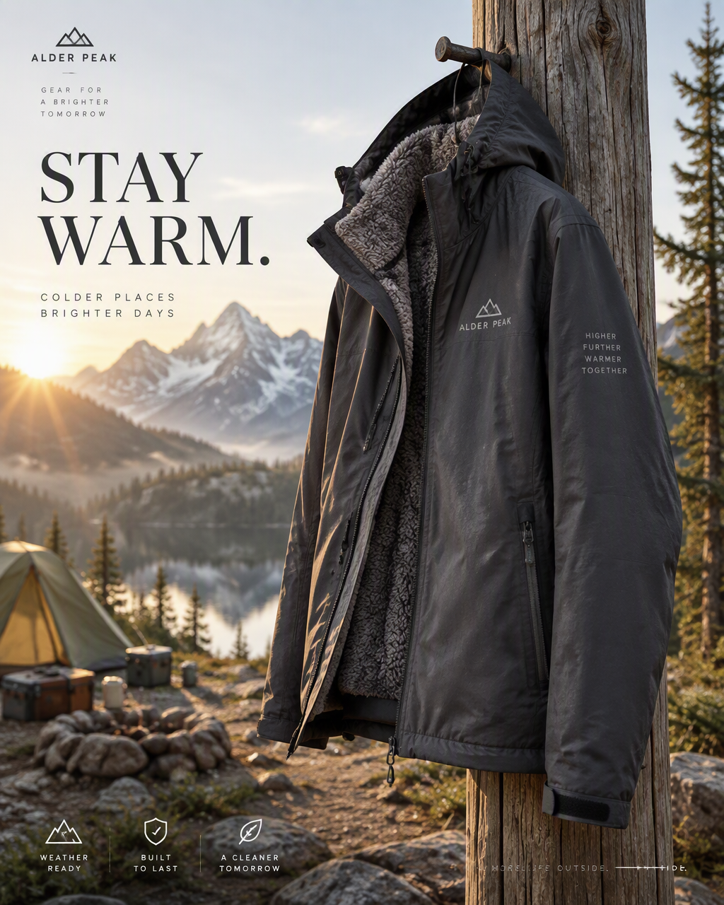 Premium 4:5 advertising poster for a luxury outdoor jacke...