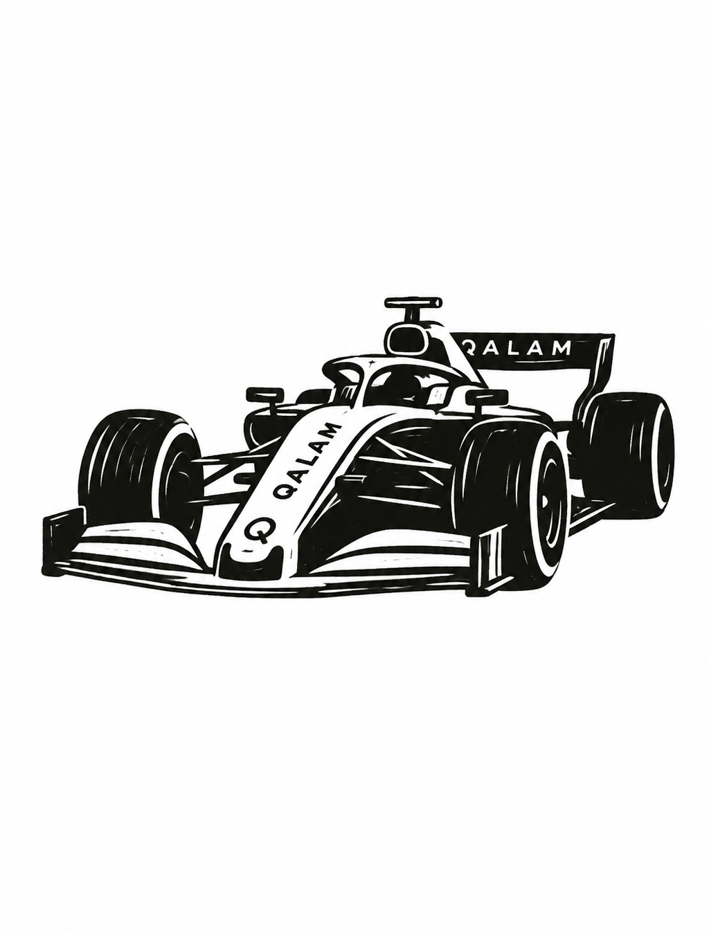 minimal small linocut of an QALAM F1 car, black and white...