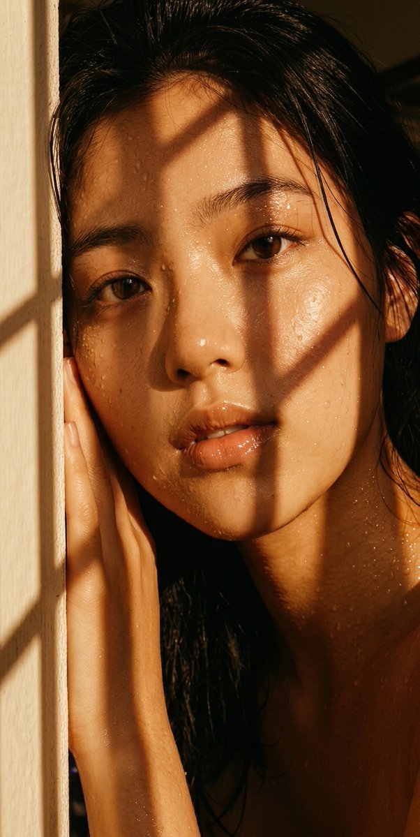 Close-up beauty portrait of a woman bathed in dramatic go...