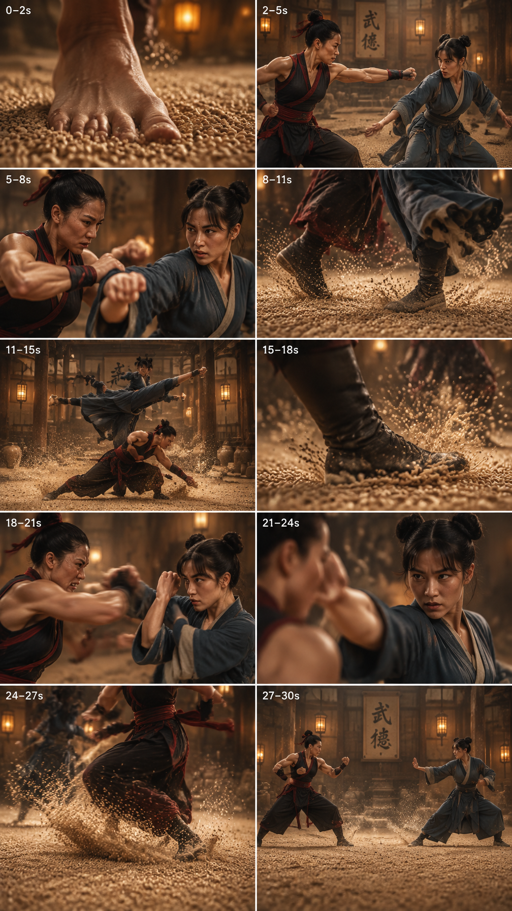 Create a 28–30 second cinematic martial-arts fight sequen...