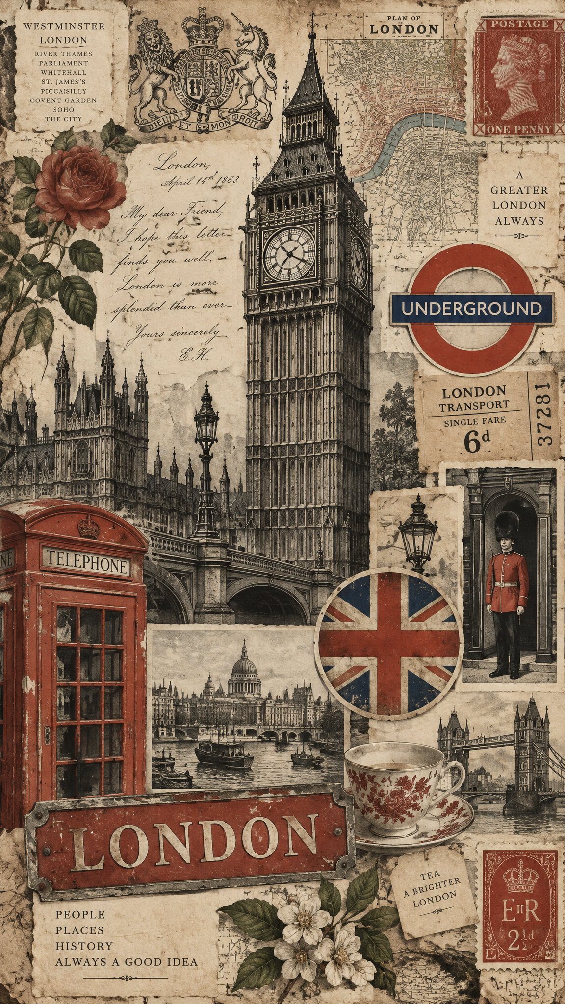 Vertical collage composition of vintage London, an intric...