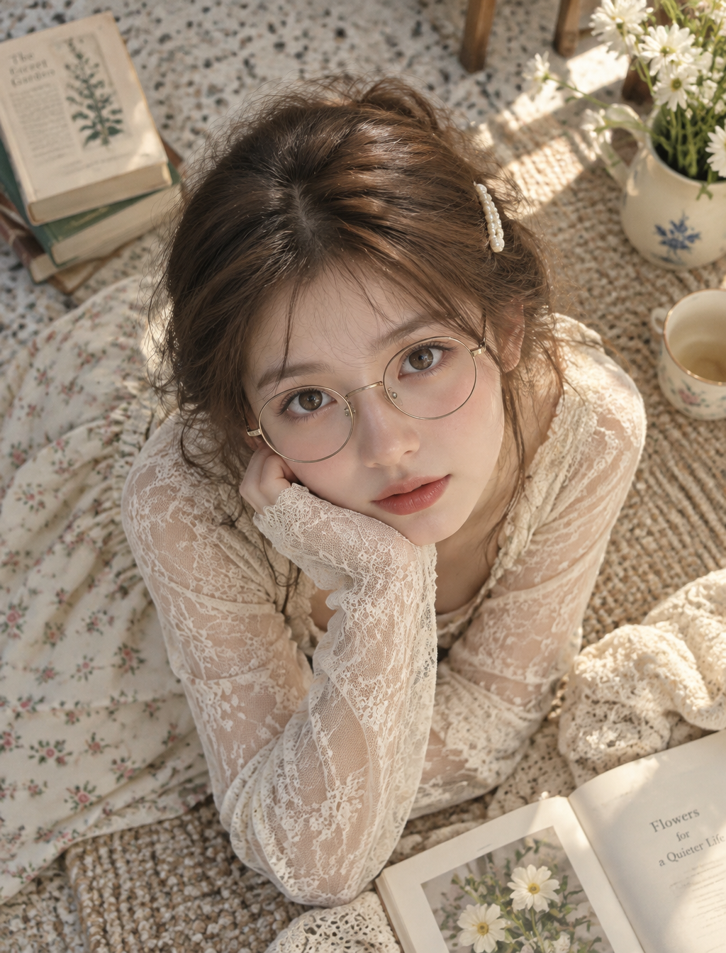 A young woman with softly tousled brown hair, round wire-...