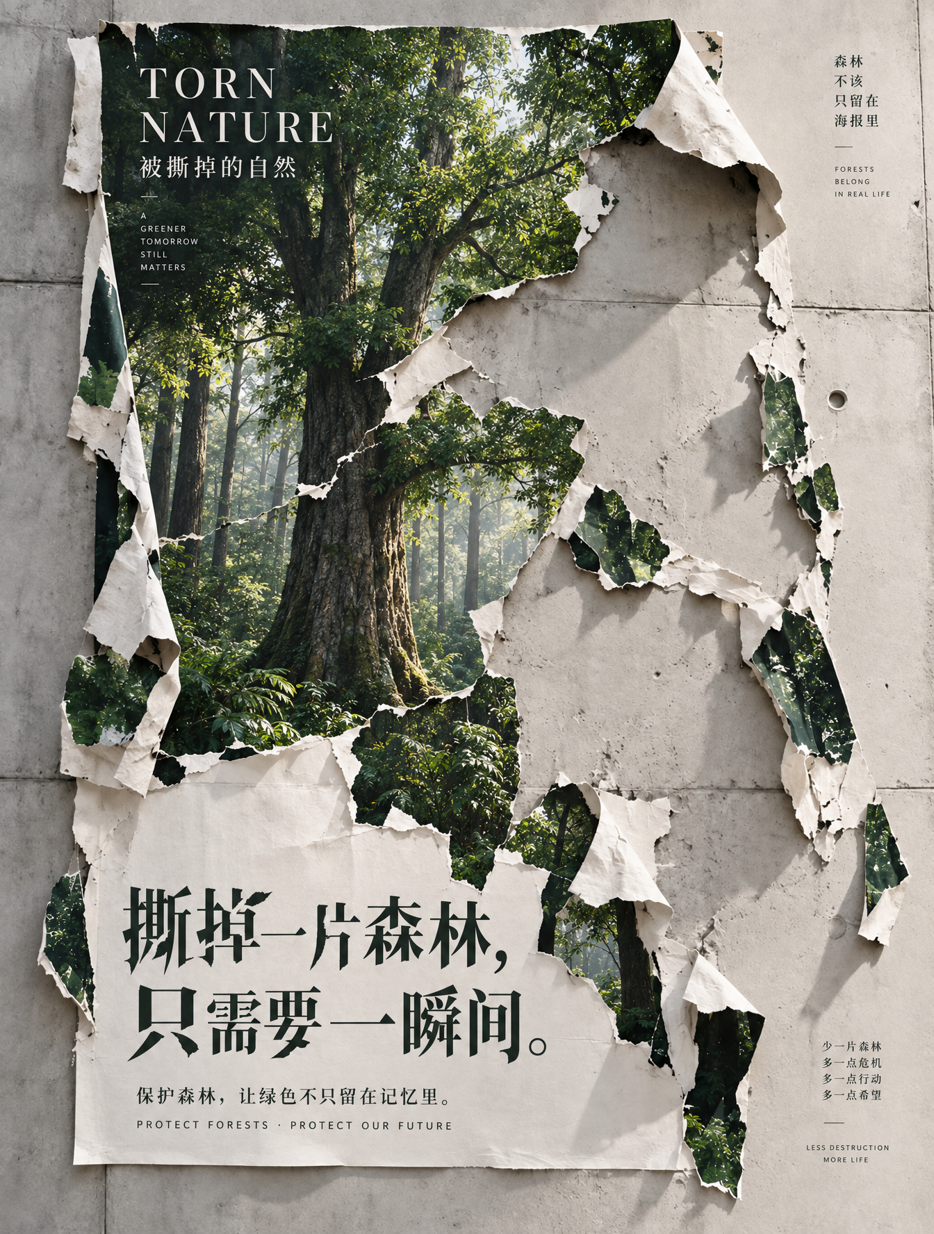 保持原图3:4构图、撕裂海报结构、墙面位置、绿色森林面积和所有文字内容基本不变，只进行质感与字体优化。重点优化海报...