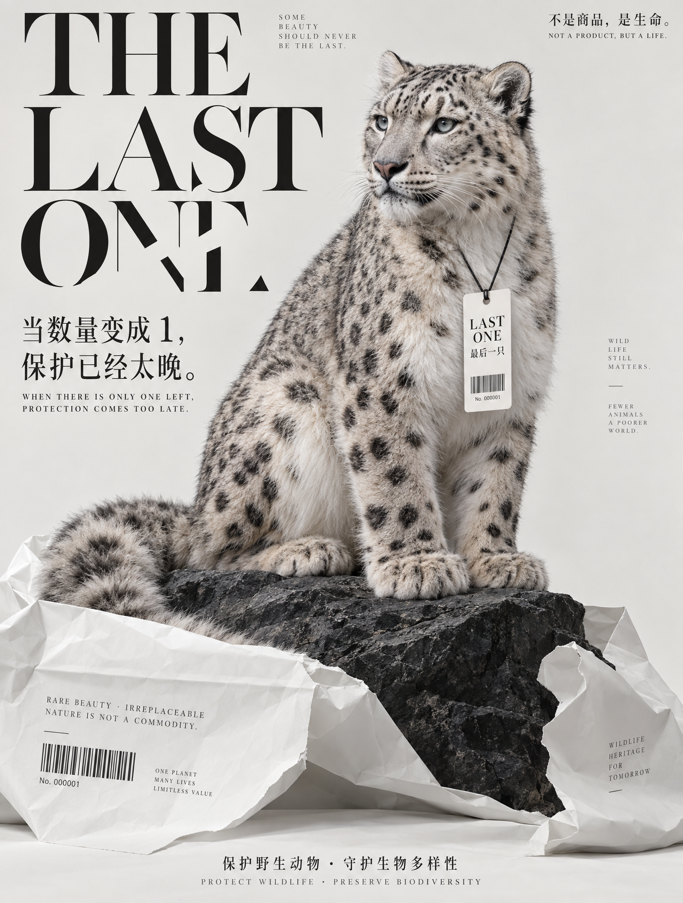 一张3:4竖版生态保护公益海报，主题为「野生动物保护 / THE LAST ONE」，整体采用高端奢侈品广告与国际...