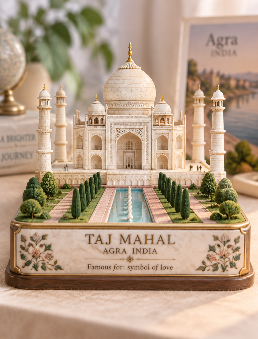 Create a premium cute miniature 3D diorama of [taj mahal]...