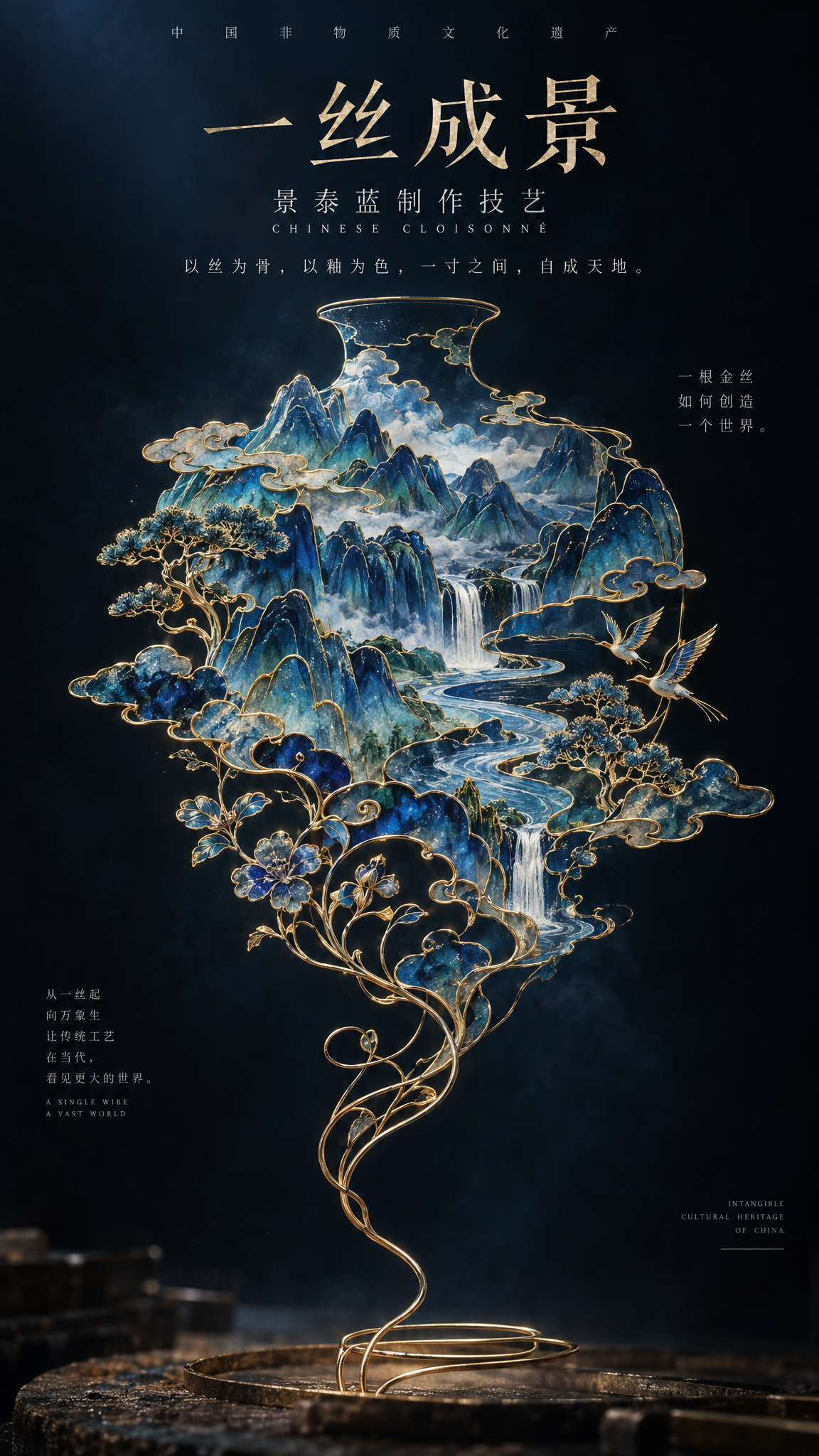 竖版高级艺术海报,主题为中国非物质文化遗产「景泰蓝制作技艺 / 掐丝珐琅」,核心概念「一丝成景」。整张画面围绕“一...