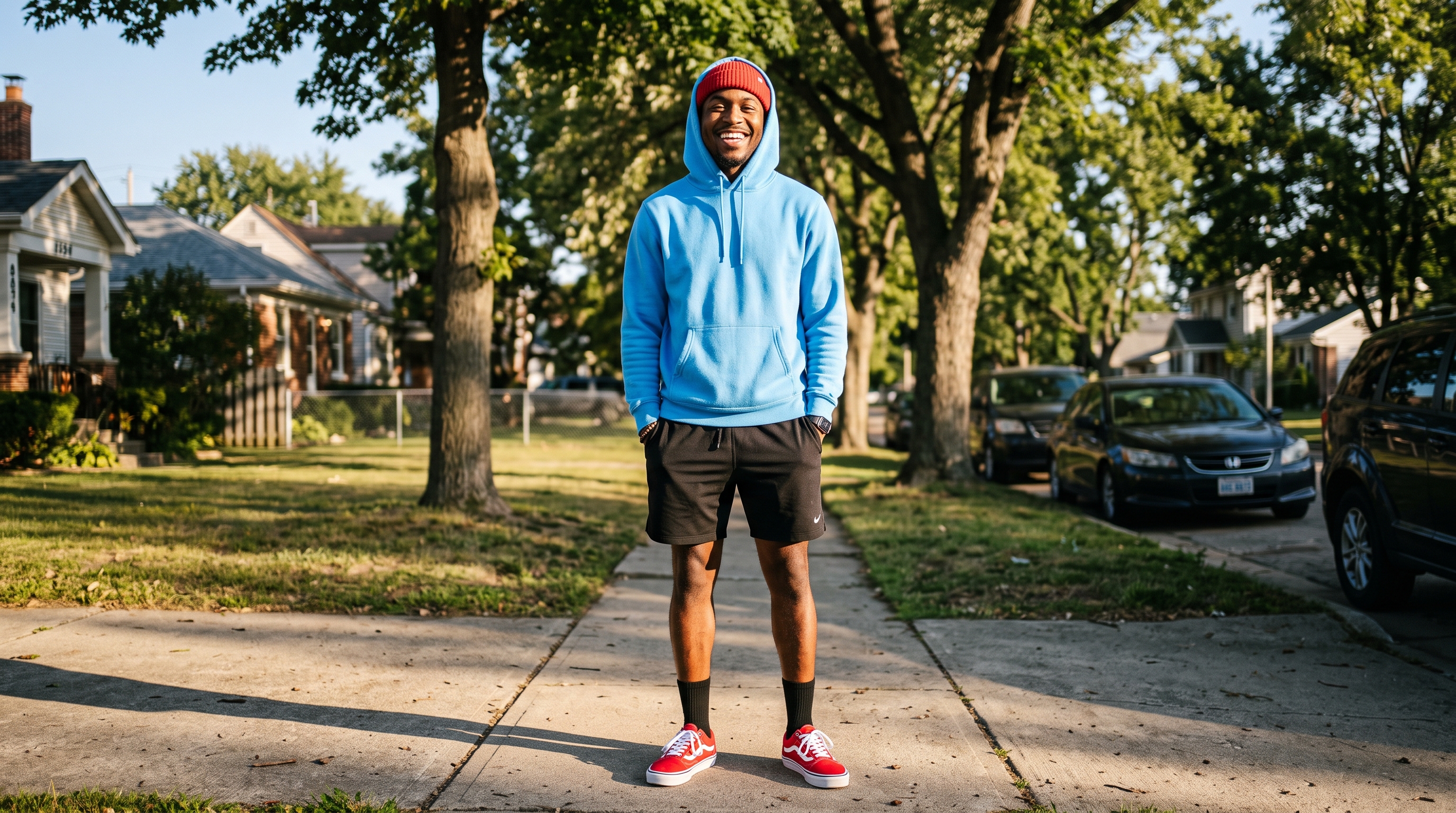 A smiling young Black man stands casually on a residentia...