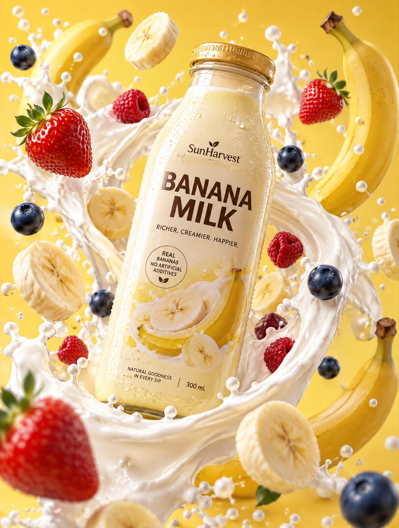 Premium banana milk drink bottle surrounded by swirling m...