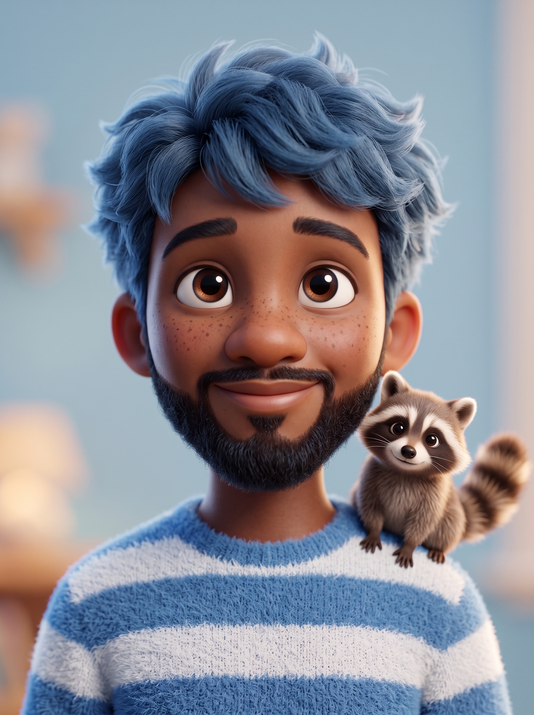 Cute stylized 3D animated boy with messy fluffy blue hair...