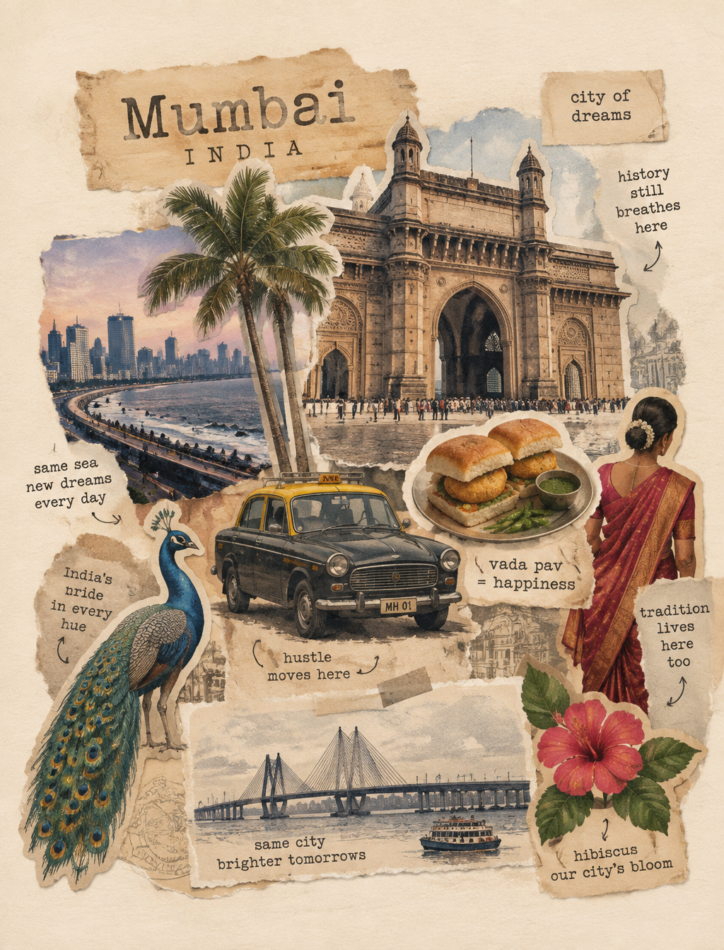 Create a charming handmade travel collage representing Mu...