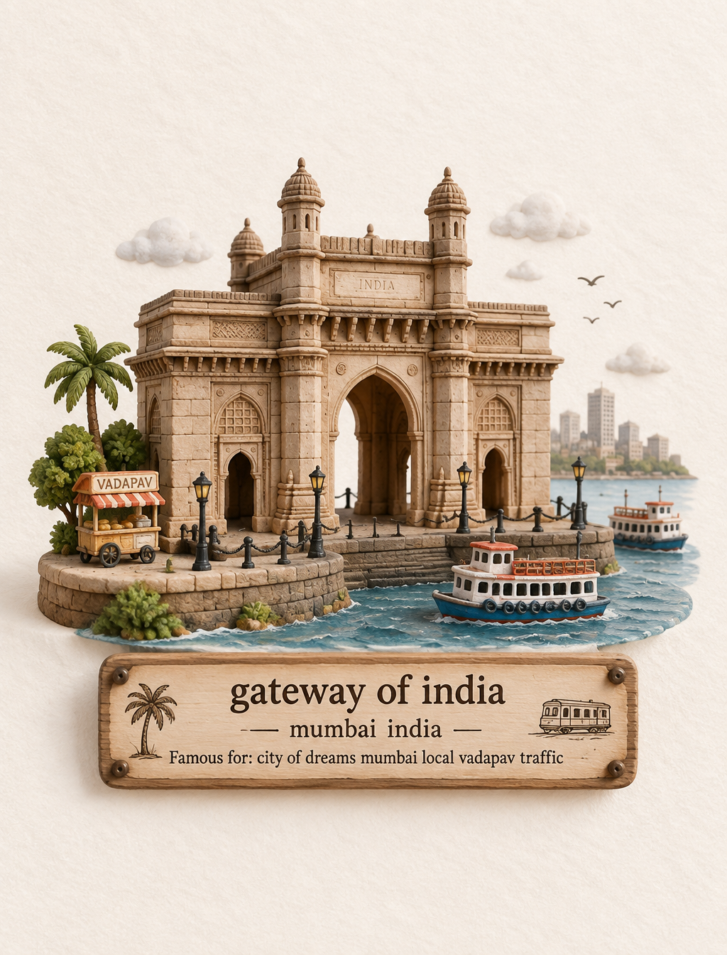 Create a charming handcrafted miniature travel scene feat...