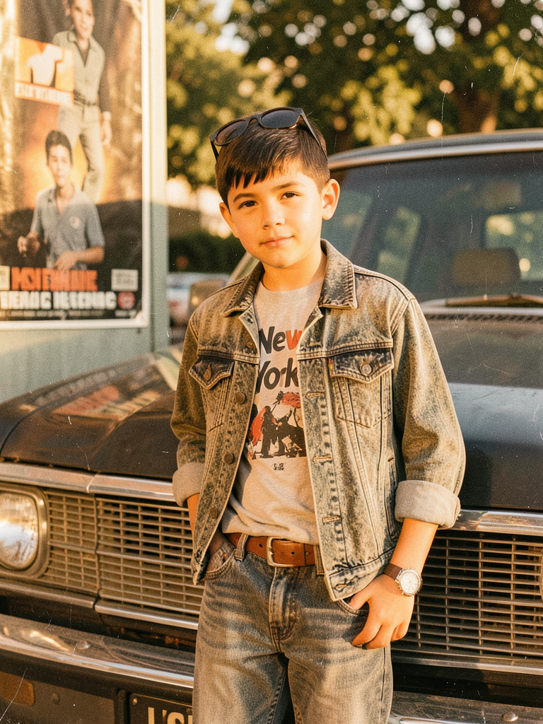 A children with short dark hair, and sunglasses resting o...