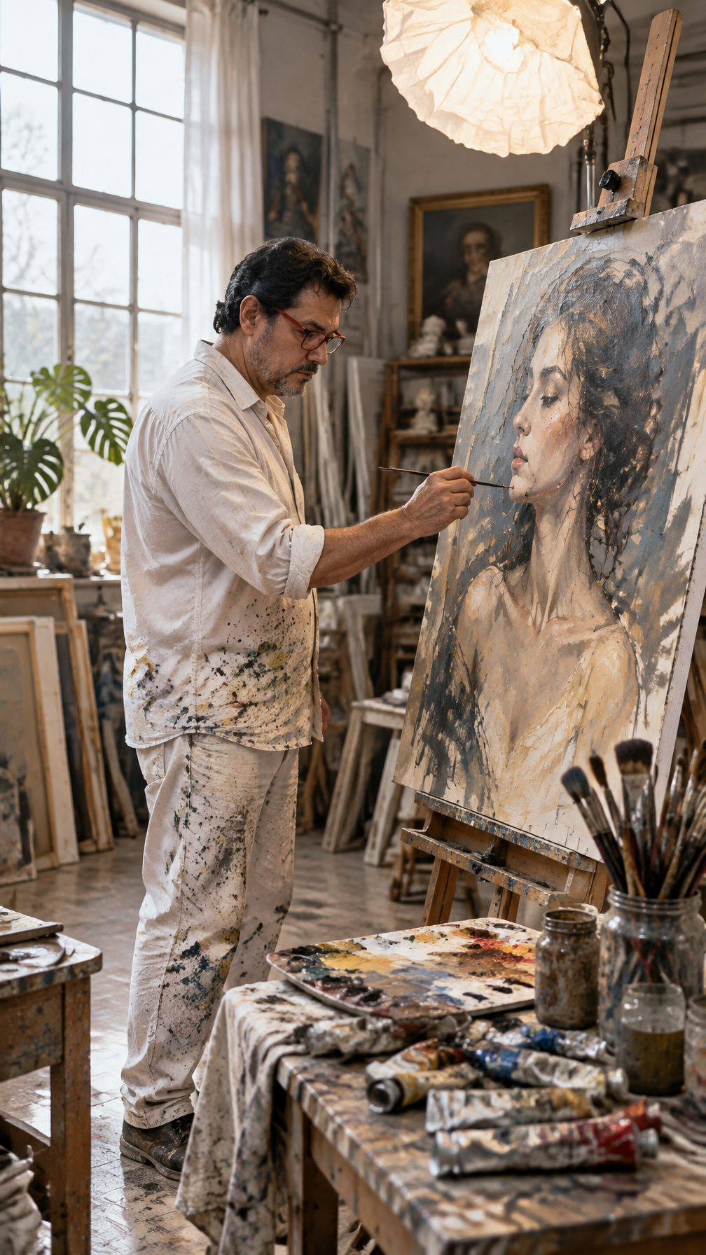 A middle-aged painter in a paint-stained white shirt and ...