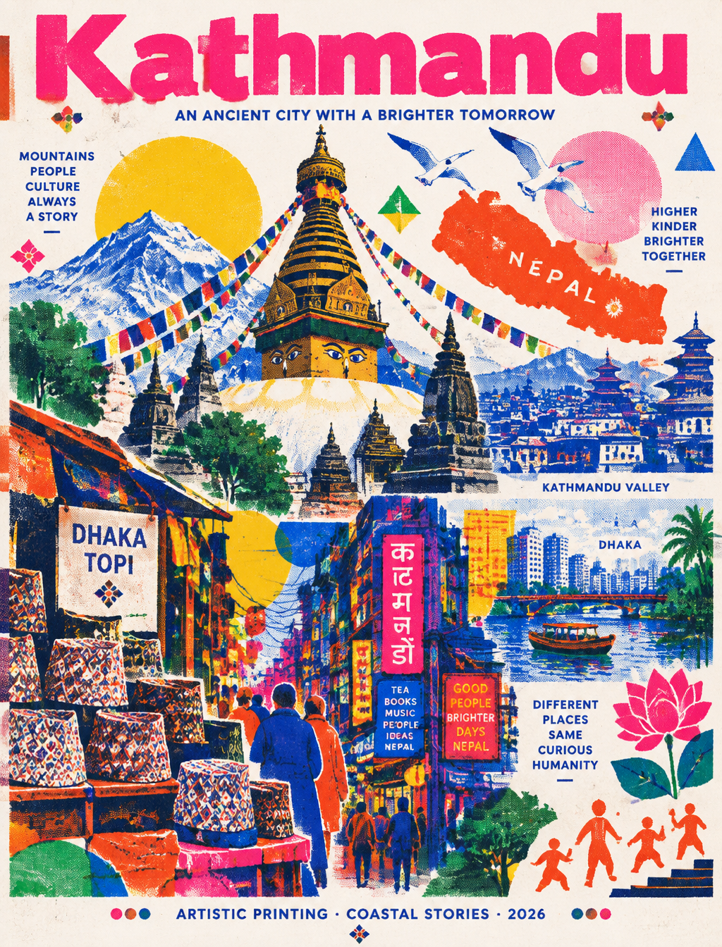 Create image the Swaibu temple, Nepal map, seagulls, Kath...