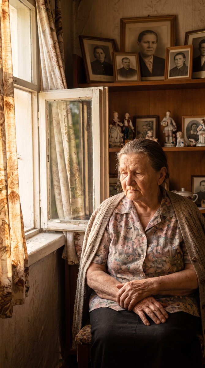 Extremely realistic emotional photograph of an elderly mo...