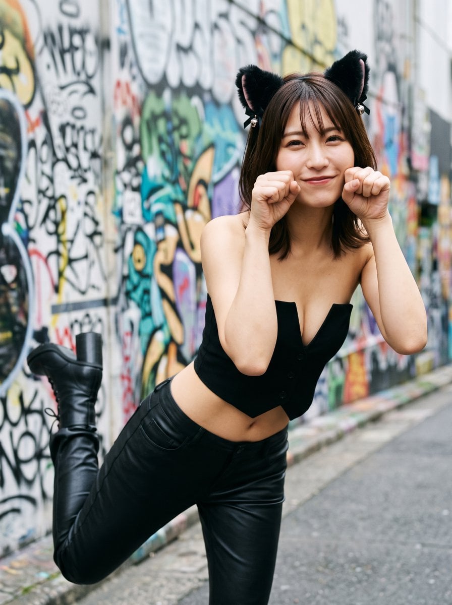 時尚攝影，近距離半身照。一個23歲日系女性，偶像氣質，沙漏型身材，黑色無肩帶深V短版馬甲，露出腹部人魚線，低腰黑色... - alternate