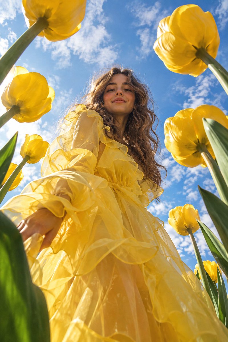 Whimsical high-fashion editorial photograph of a young wo...