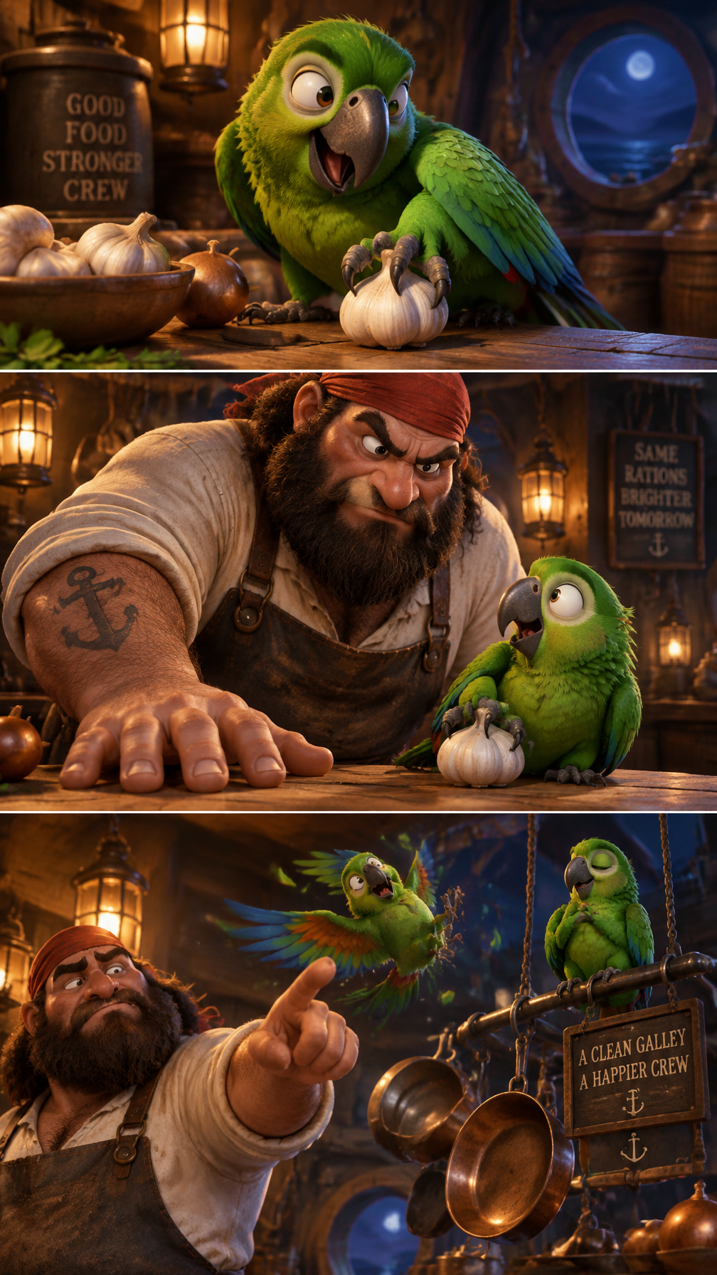 Vertical 9:16 cinematic 3D animation inside a cozy pirate...