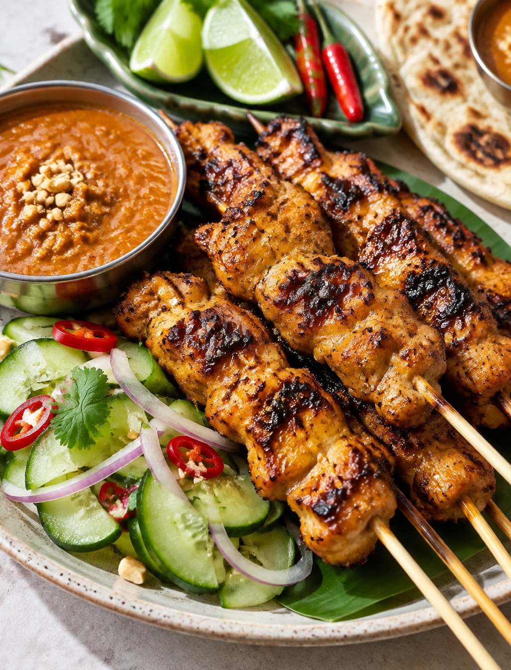 A close-up platter of charred chicken satay skewers overl...