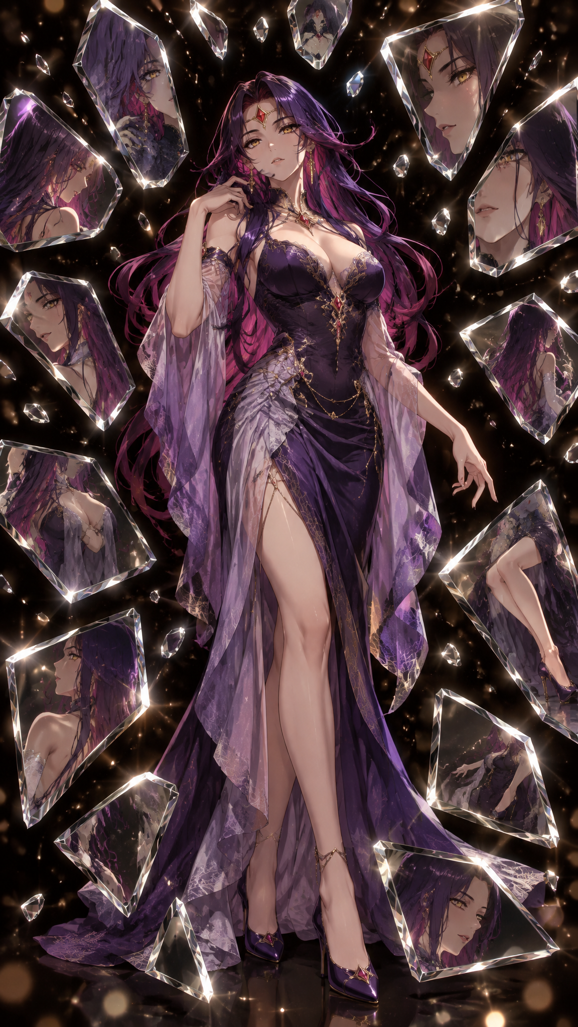 A full-body mature woman. She has long, flowing hair with...