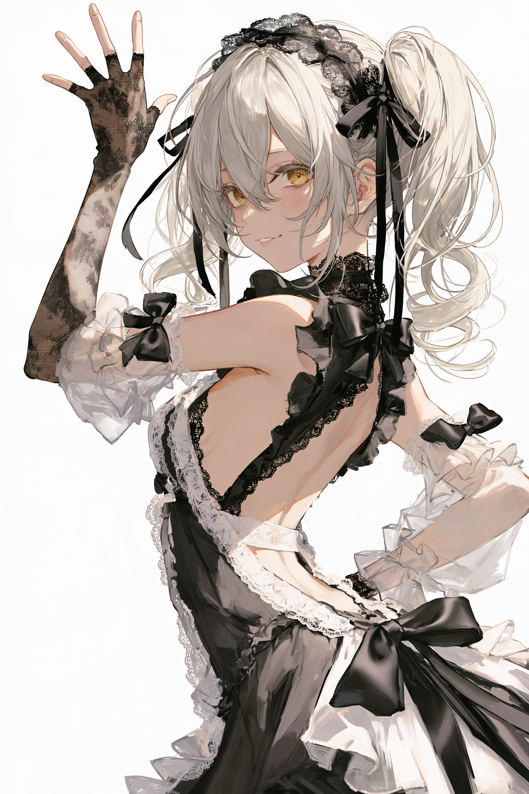 Prompt:Three-quarter rear view of an adult anime woman lo...