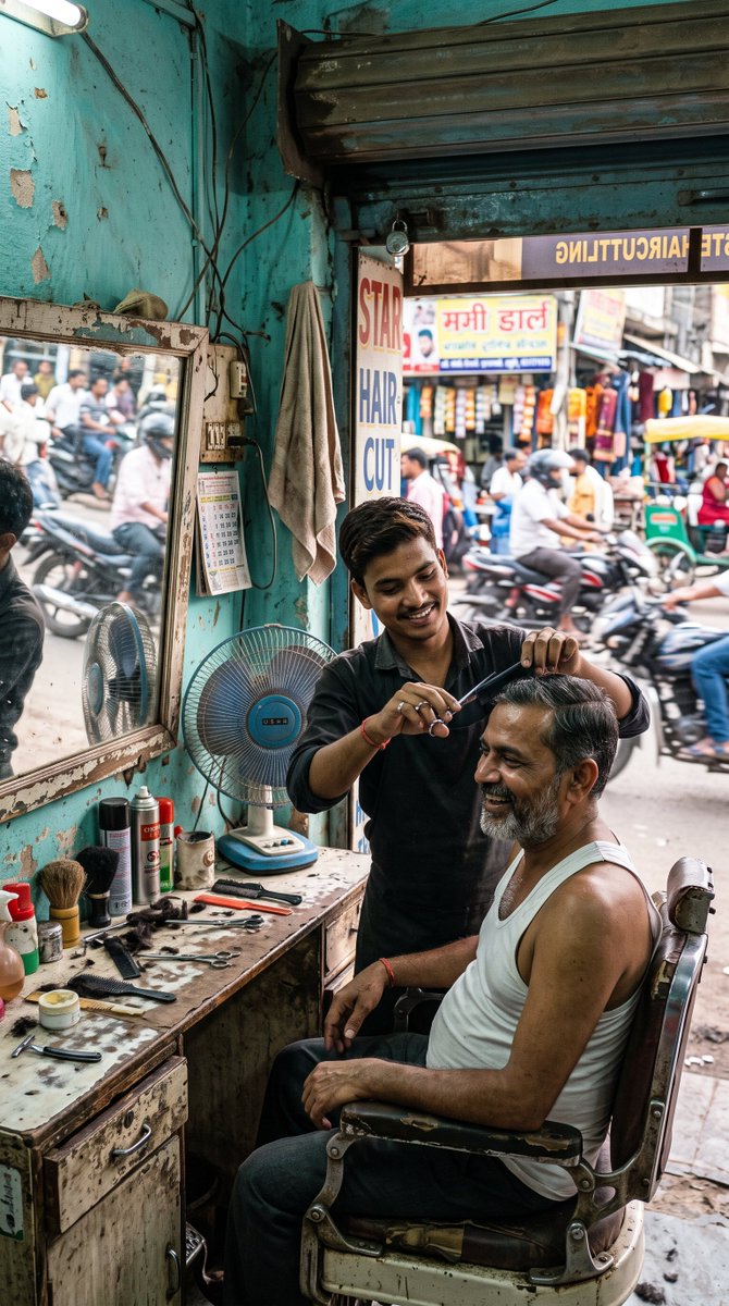 Photorealistic 4K street photograph of a young barber cut...