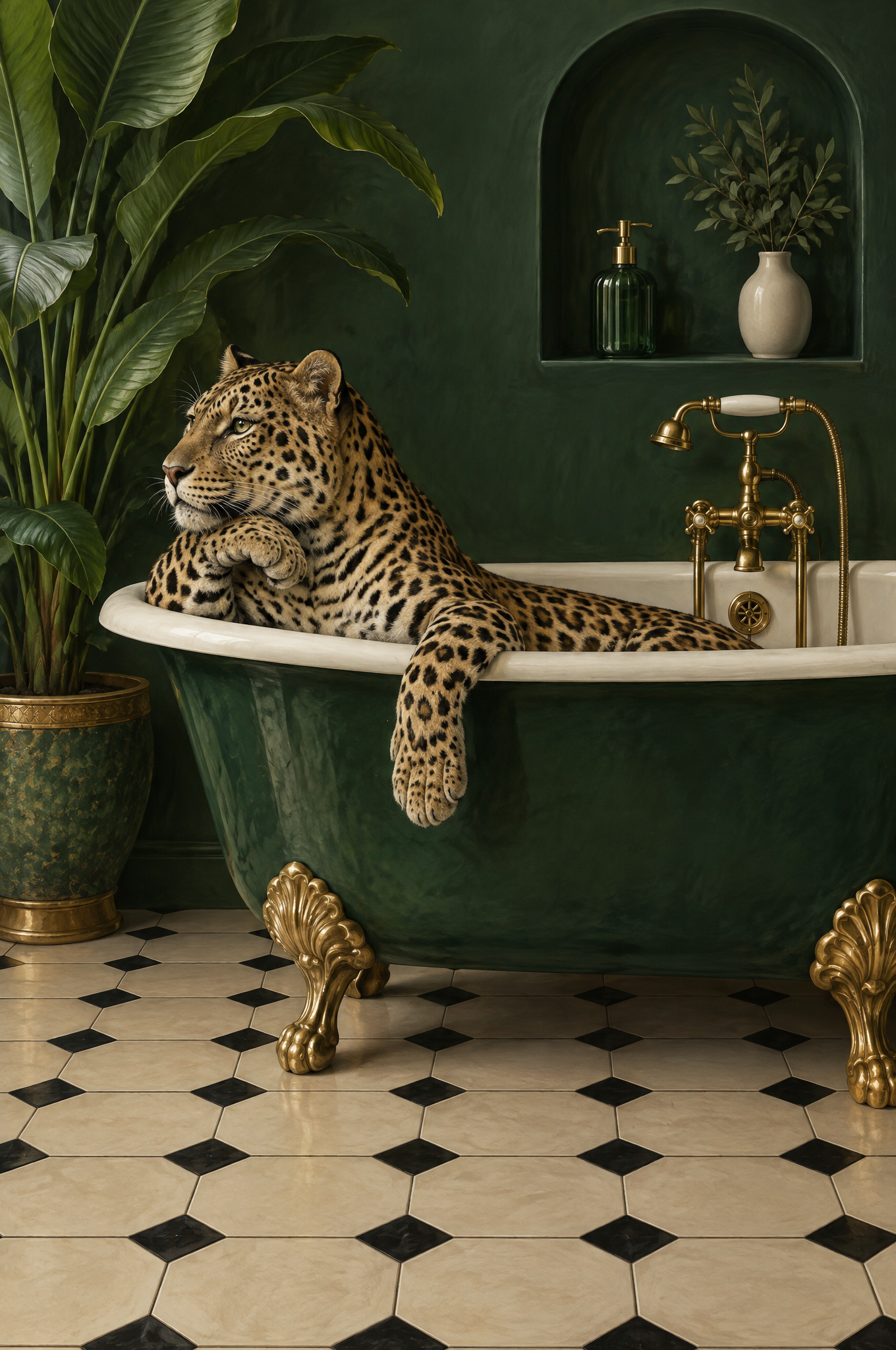 a stylized painting of a leopard inside a vintage green c...