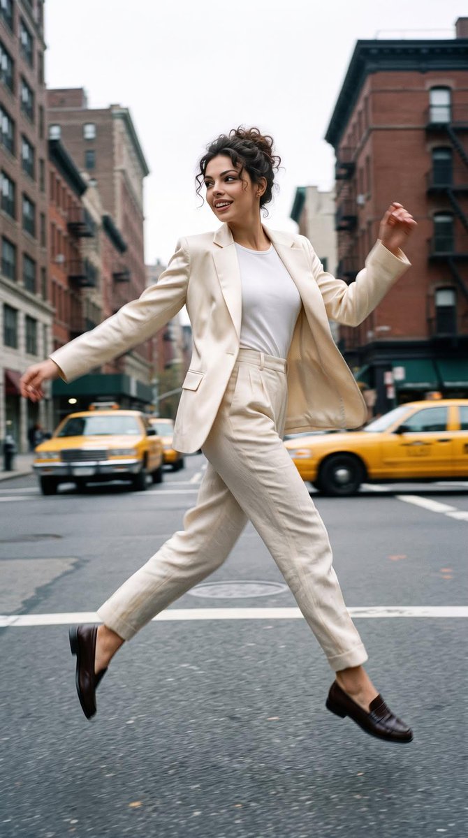 A mid-shot, dynamic fashion photograph of a stylish young...