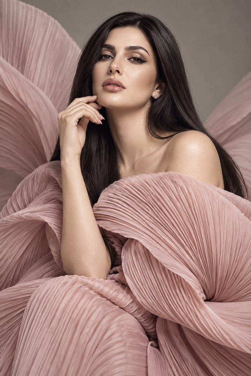 Create a photorealistic high-fashion beauty portrait of a...