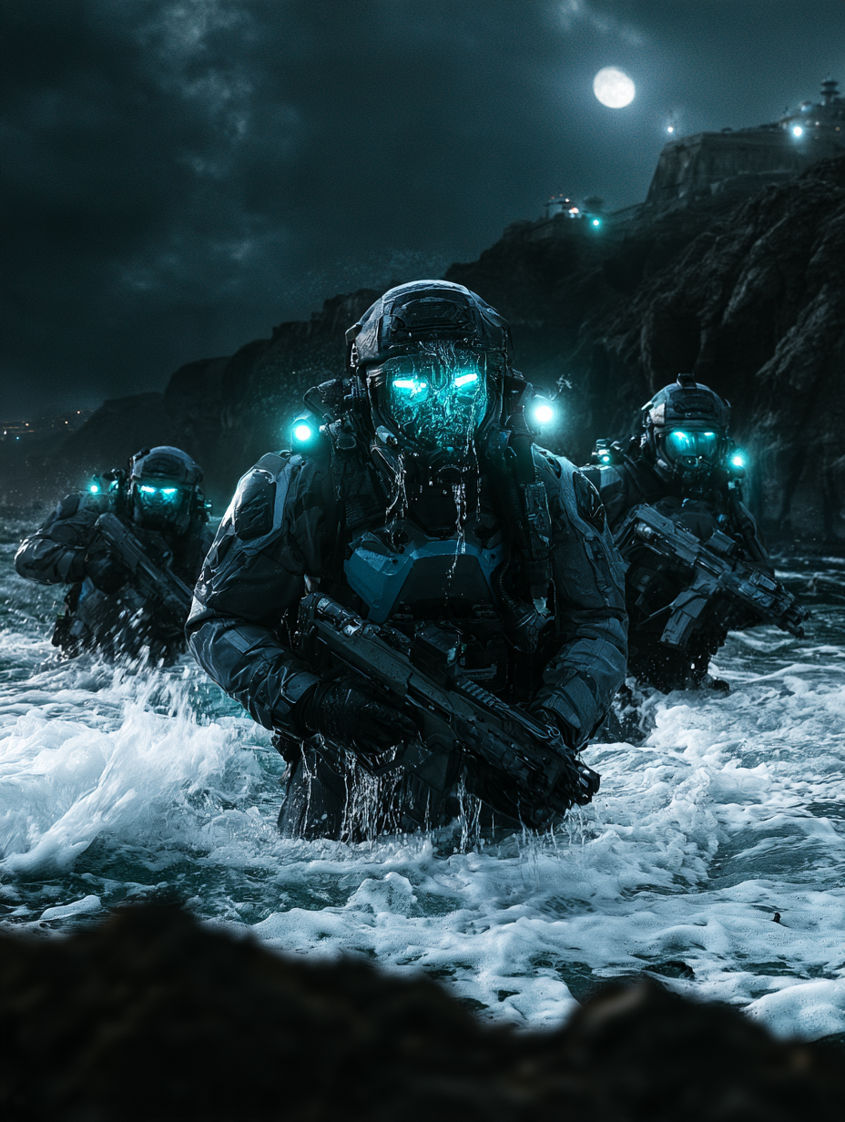 A highly detailed, cinematic photograph of four heavily a...