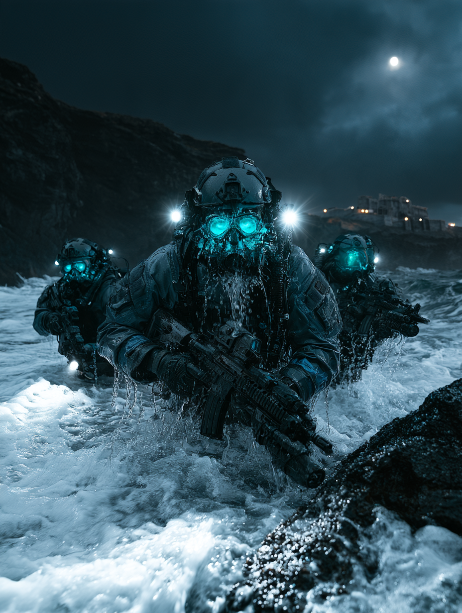 A highly detailed, cinematic photograph of four heavily a... - alternate