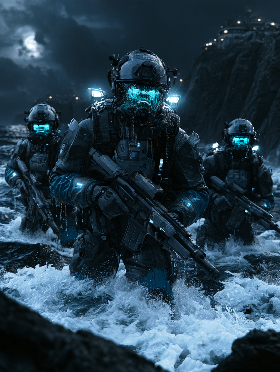 A highly detailed, cinematic photograph of four heavily a... - alternate