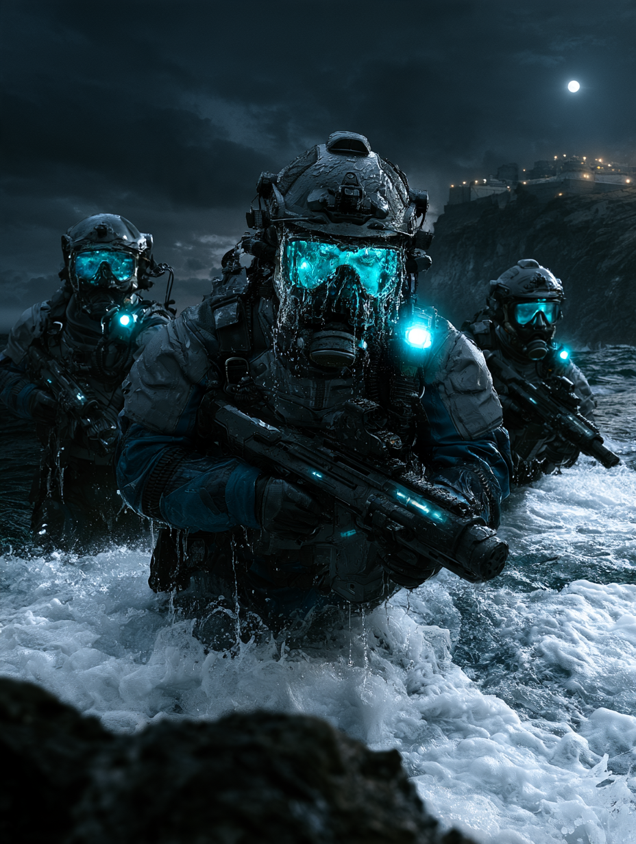 A highly detailed, cinematic photograph of four heavily a... - alternate