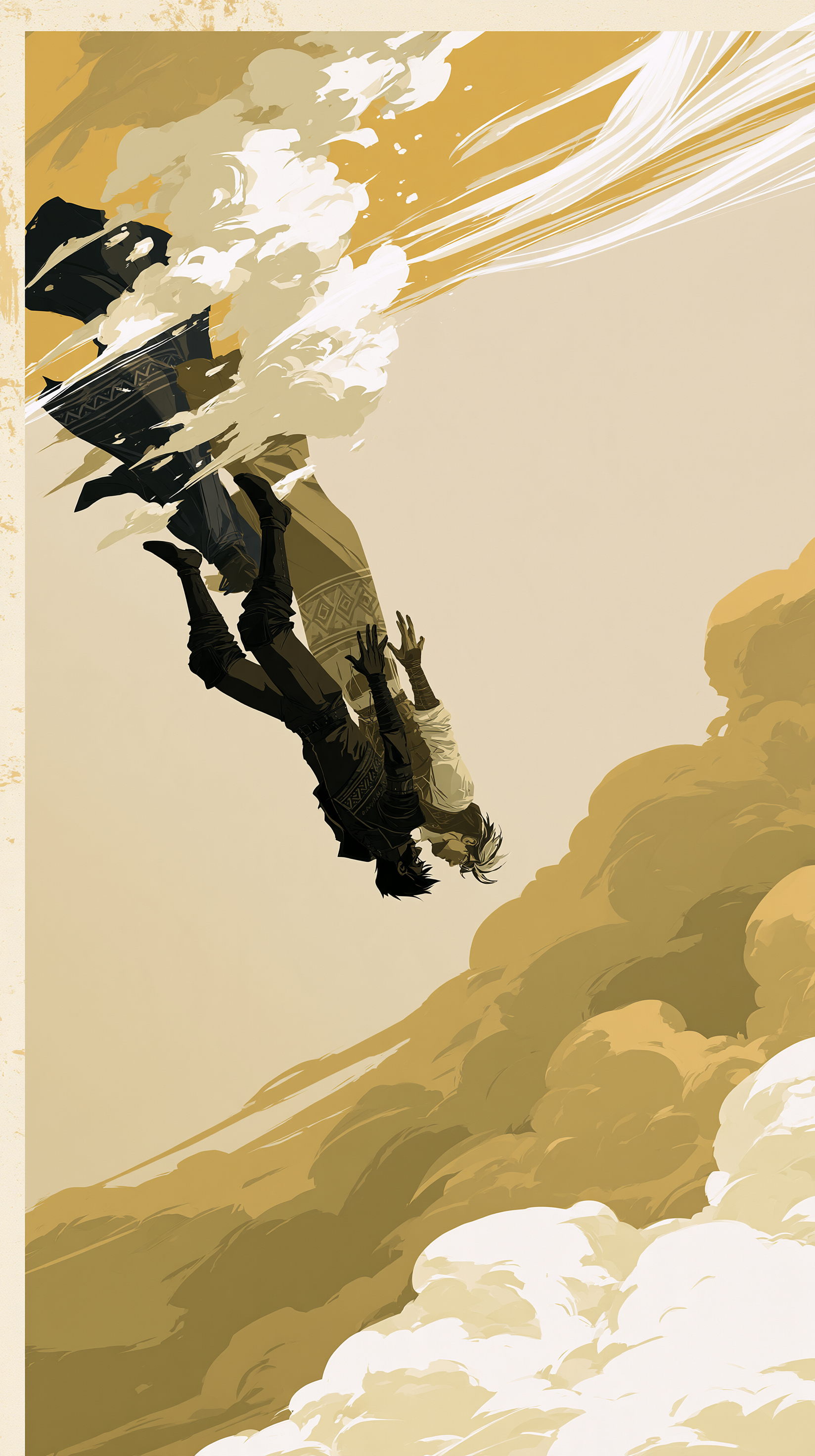 Two characters falling head first straight downward throu...