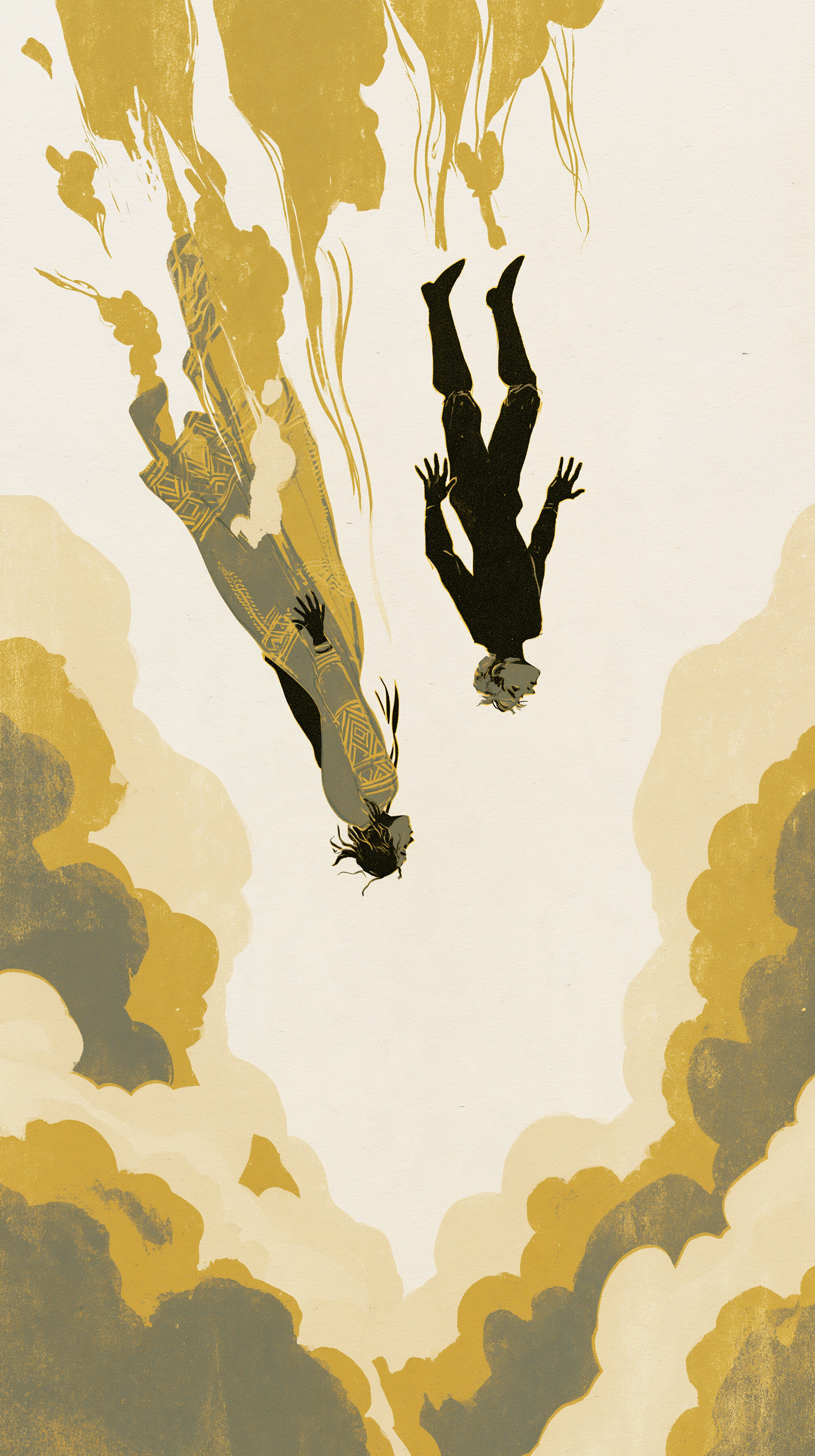 Two characters falling head first straight downward throu... - alternate
