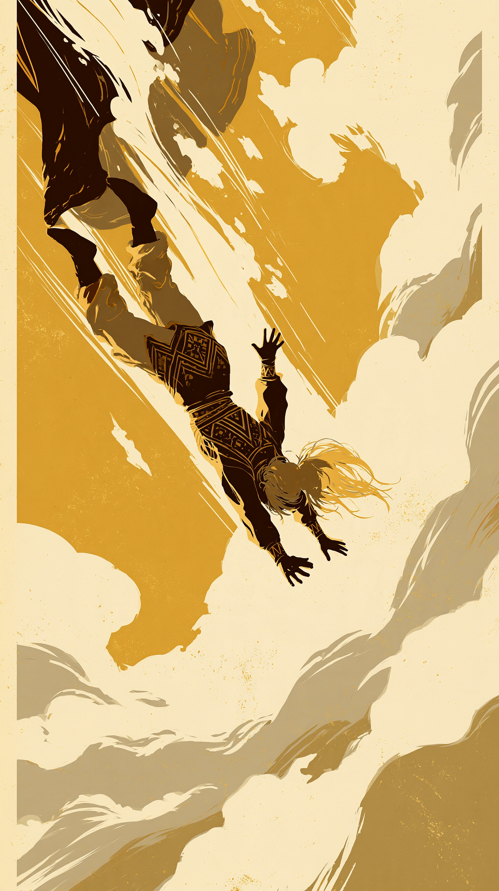 Two characters falling head first straight downward throu... - alternate