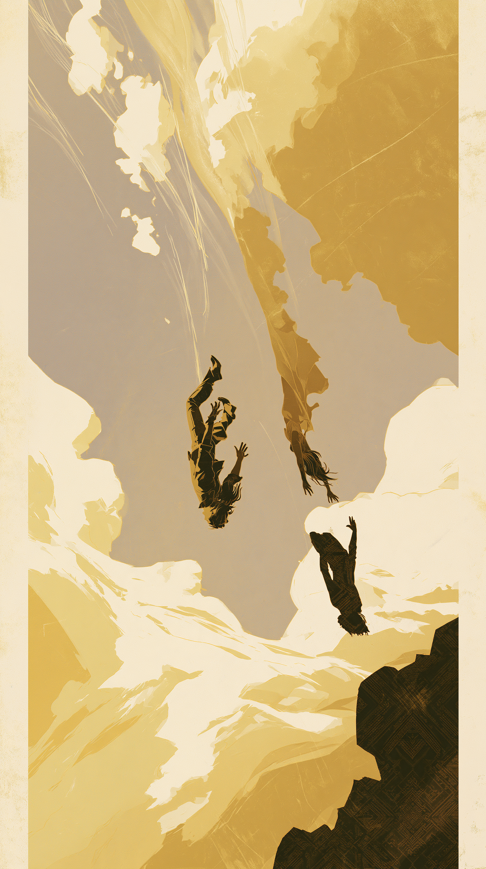 Two characters falling head first straight downward throu... - alternate