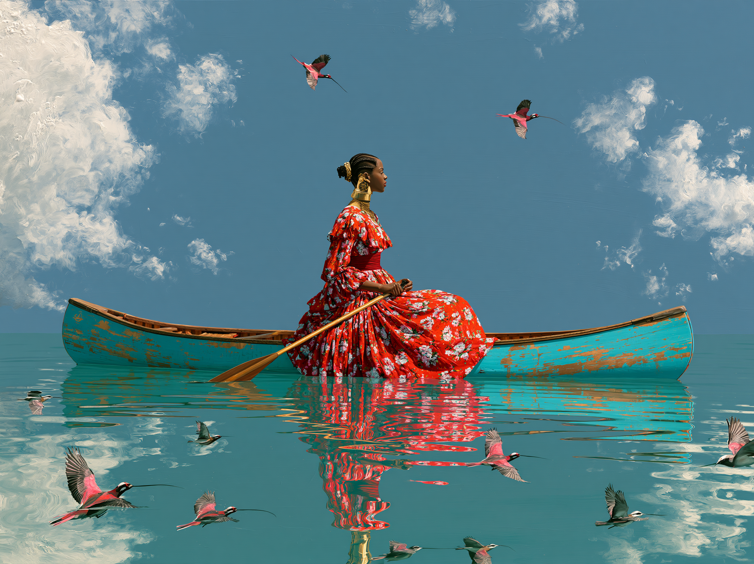 a painting depicting a person looking at the sky as if fl...
