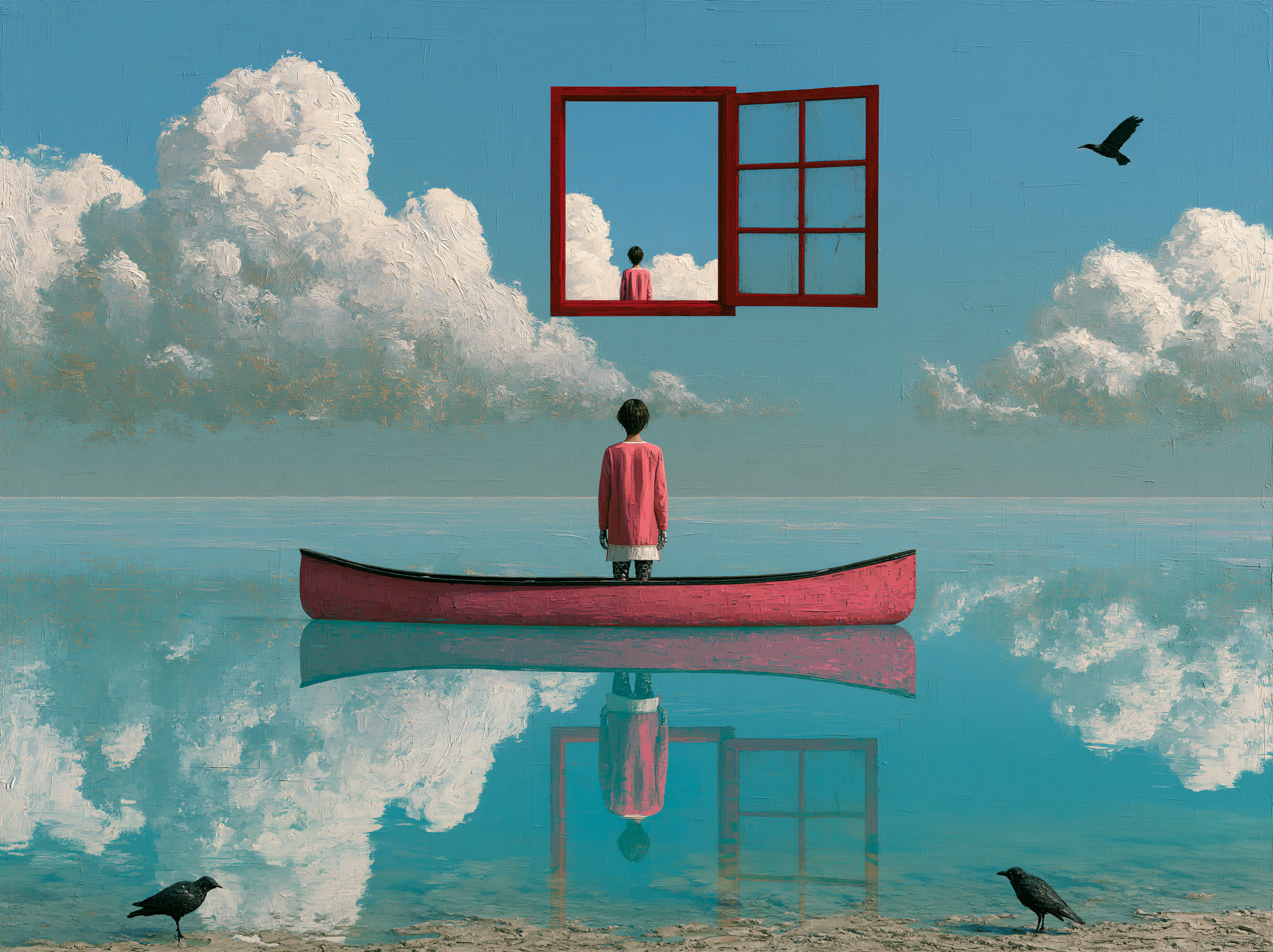 a painting depicting a person looking at the sky as if fl... - alternate