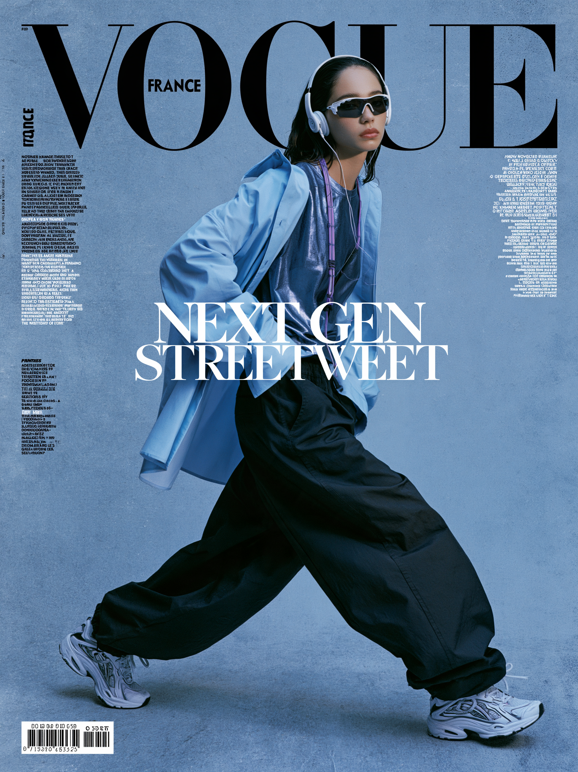 a textured, blue toned magazine cover featuring a model i...